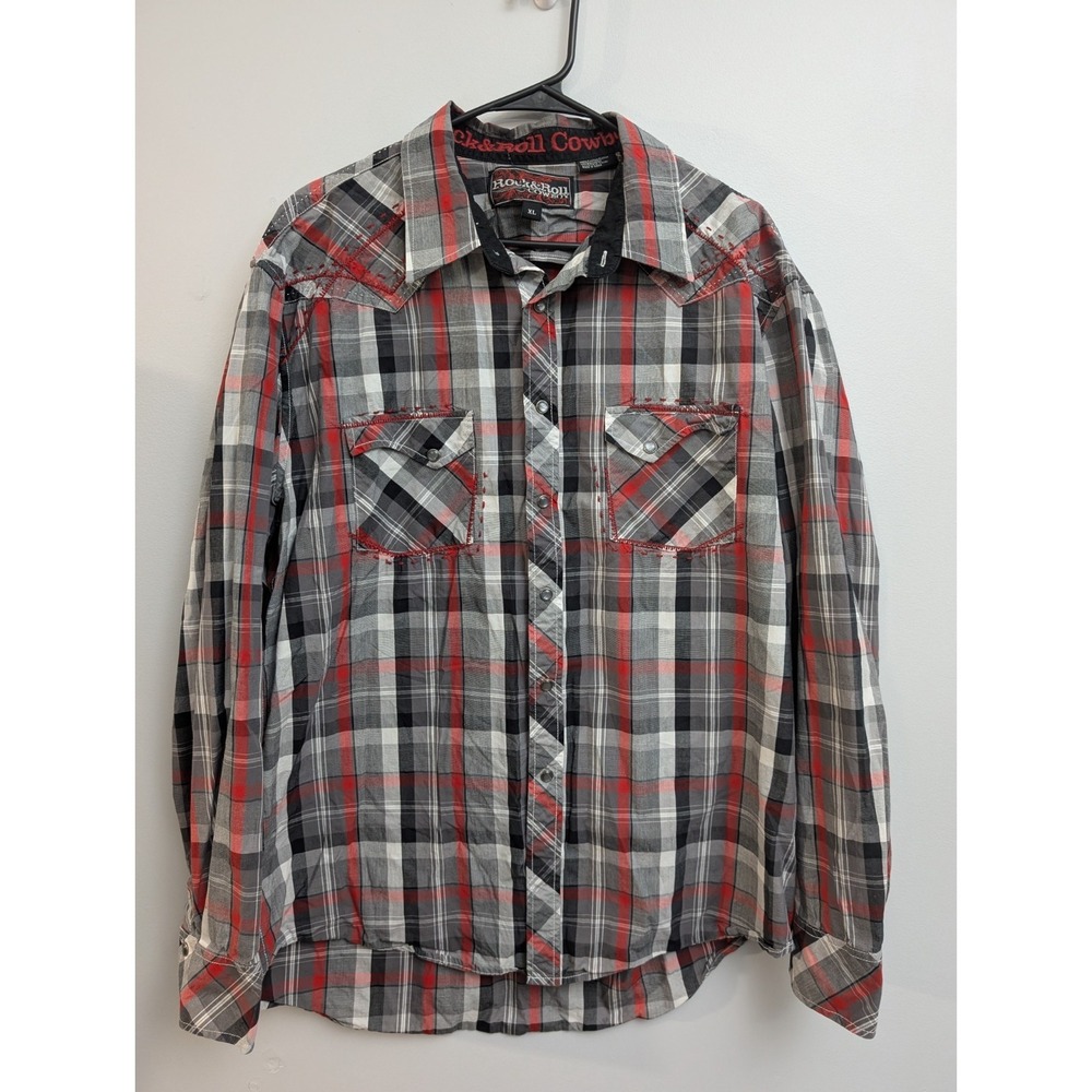 C9‎ Rock & Roll Cowboy Western Snap Red Gray Plaid Yoked Whipstitch Men's XL